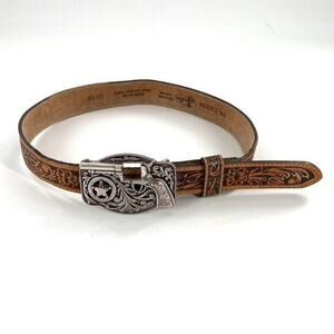 Justin Tooled‎ Top Grain Leather Belt Sz 26 Brown Western Sheriff Revolver